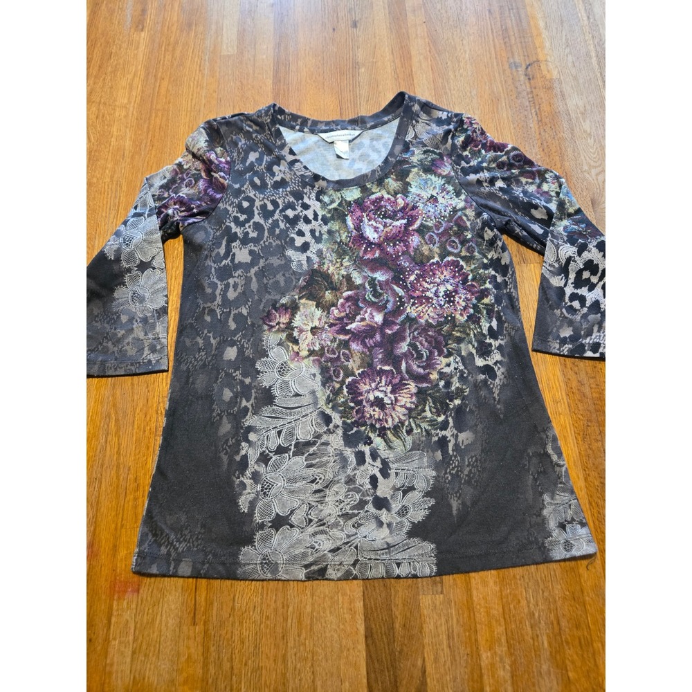 Christopher & Banks Women Medium Floral Rhinestones Lace Leopard Long Sleeve Top